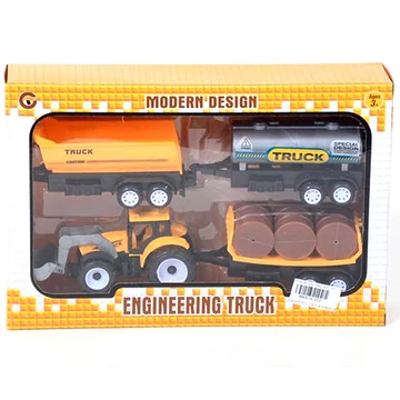 Traktor sárga színben háromféle utánfutóval